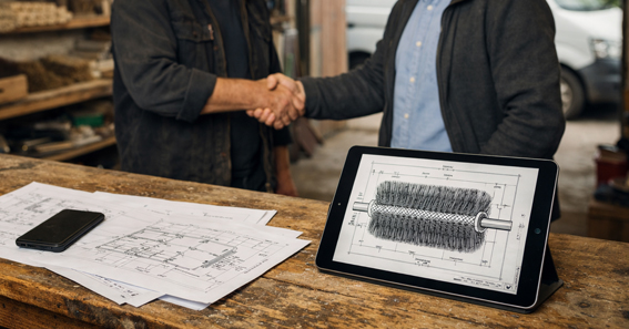 Verlässlicher Partner für technische Kunststoffbürstenlösungen Zwei Personen reichen sich über einem Tisch mit Tablet, technischer Zeichnung, Unterlagen und Smartphone die Hand – Symbol für verlässliche Zusammenarbeit in der Rehbock Bürstenfabrik.